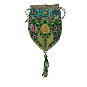 Antique Victorian Beaded Reticule Purse w/ Floral Roses Crochet Top & Tassel